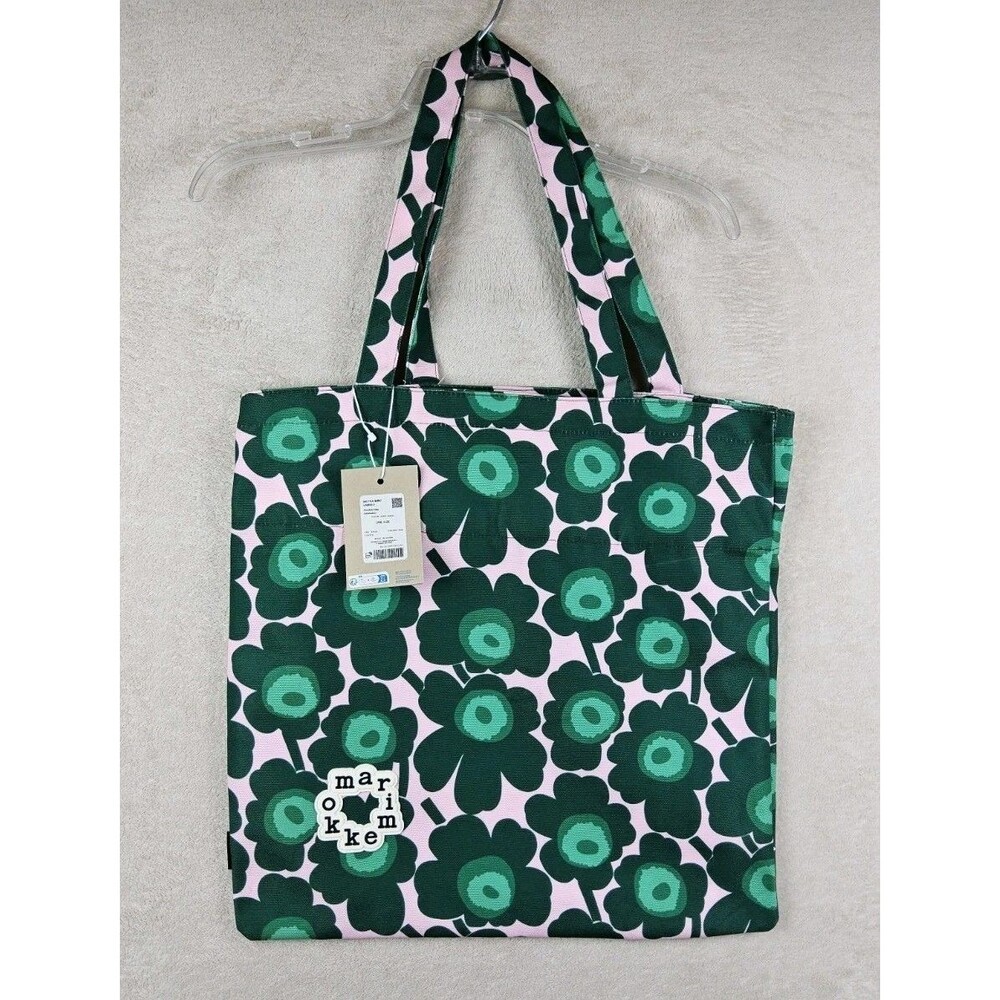 Marimekko Kioski Metka Mini Unikko Pink Green Canvas Tote Bag NWT Logo Patch